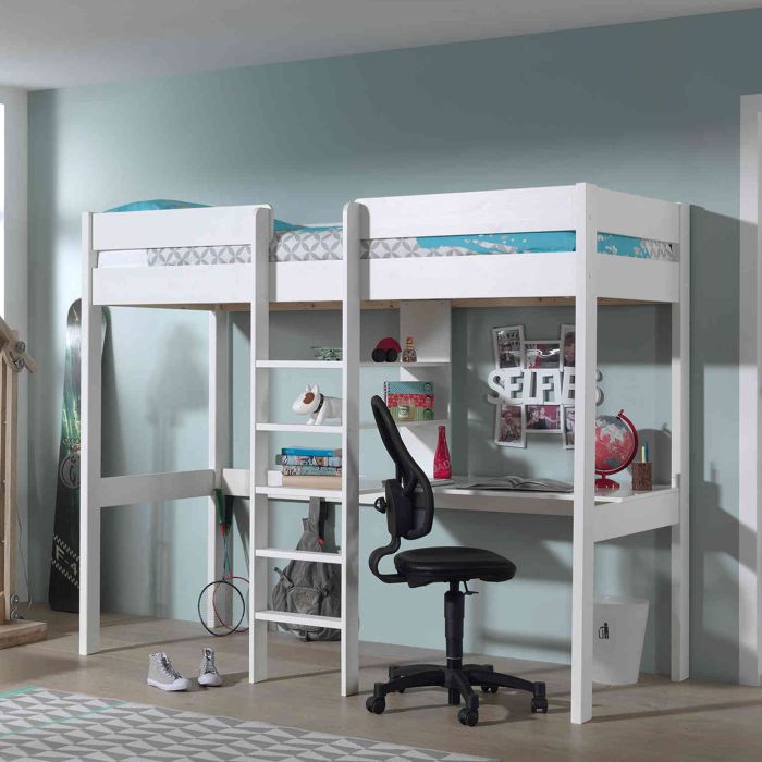 Lit Mezzanine Blanc 90x200 avec échelle centrale - Terre de Nuit