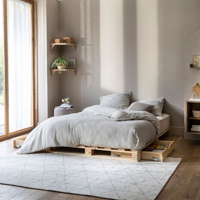 Lit palette adulte en pin massif avec tiroirs 