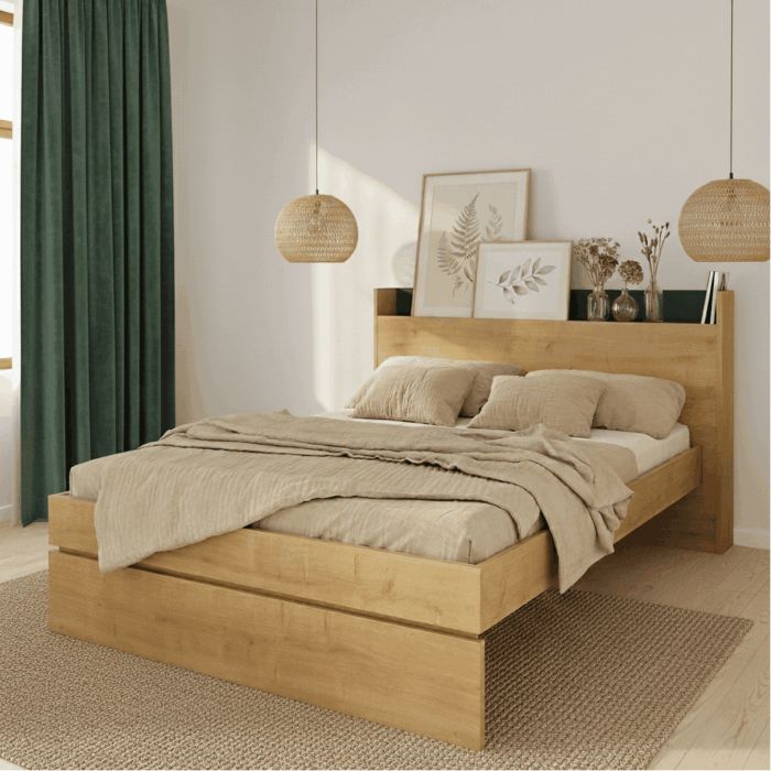 Lit avec tête de lit en bois avec niche