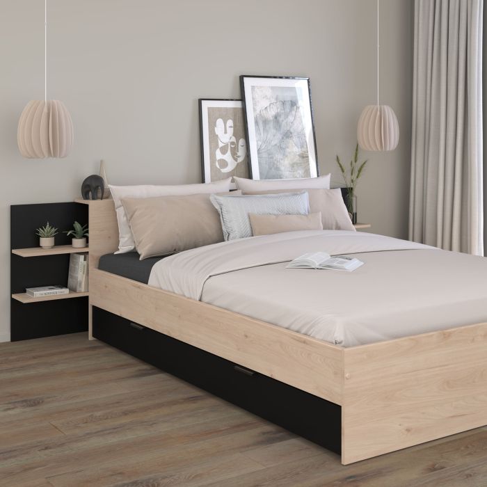 Lit avec tête de lit et tiroir adaptable bois naturel et noir