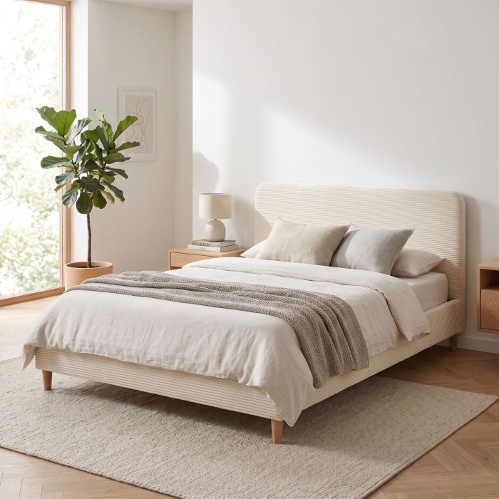 Lit velours design scandinave dans une chambre lumineuse avec parquet et plantes en pot