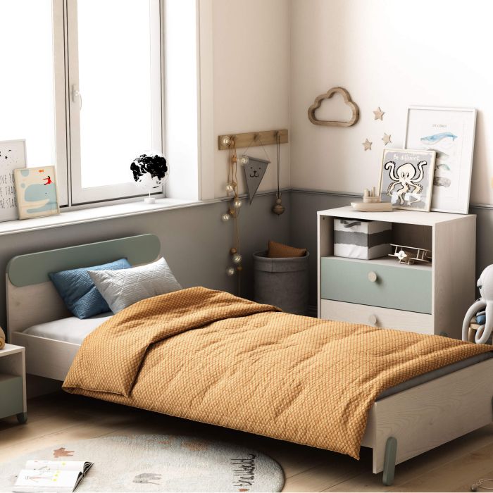 Lit extensible enfant en bois couleur chêne topanga et vert de gris 90x190/200 - LI217
