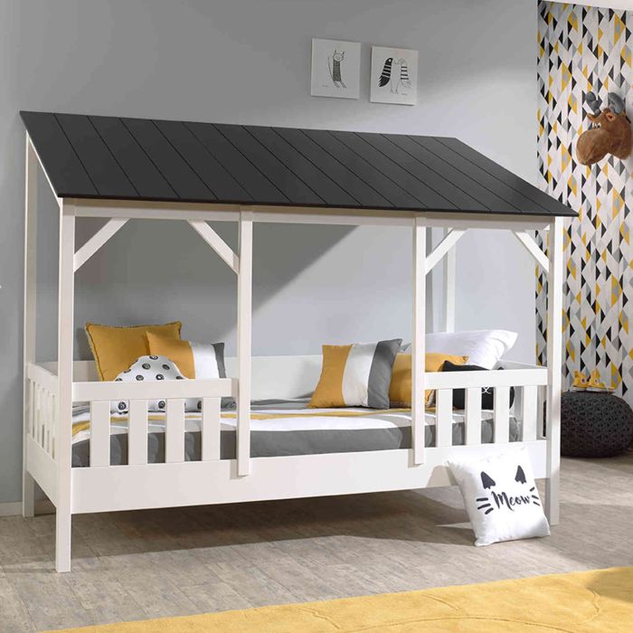 Lit cabane enfant avec toit en bois 90x200