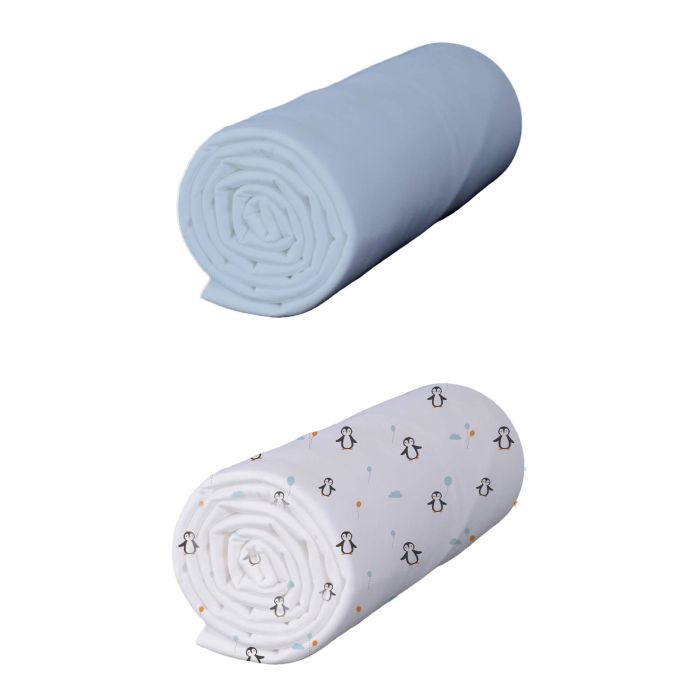 Lots de 2 draps housses coton jersey bleu ciel/pingouin 60x120 cm