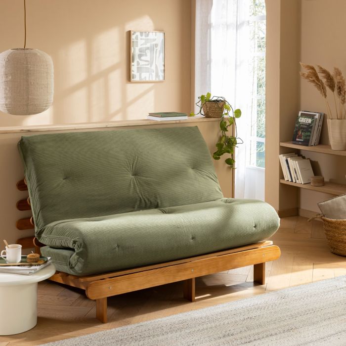 Matelas futon latex ferme tissu velours côtelé Terre de Nuit kaki en canapé.