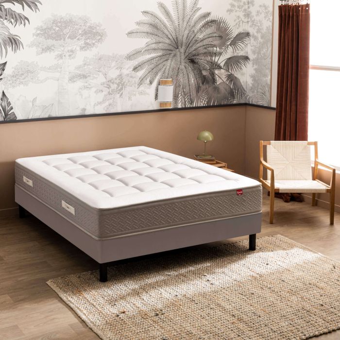 Ensemble Epeda matelas ressorts ensachés, cachemire et soie Le Majestueux, sommier Nature confort médium et pieds