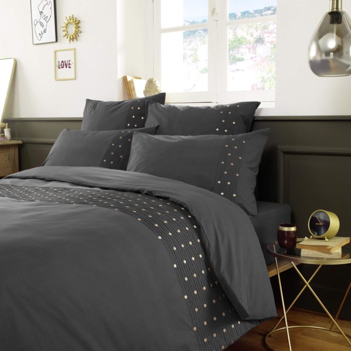 Housse de couette brodée plis religieuses anthracite