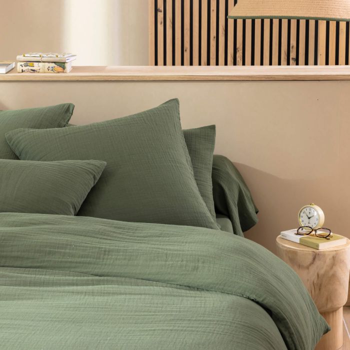 Taies en gaze de coton kaki, ambiance douce et naturelle