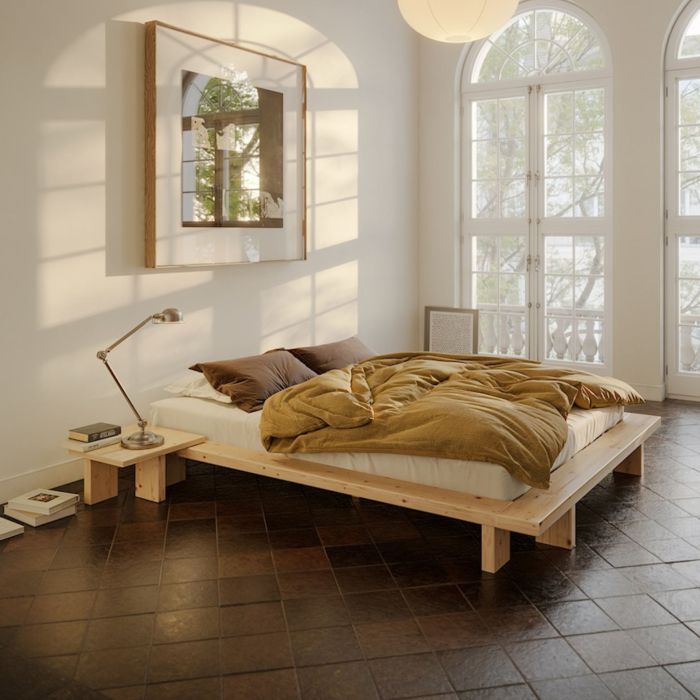 Lit en pin massif avec table de chevet naturel JAPAN ambiance avec le chevet