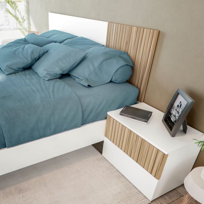 Tête de lit réversible avec 2 chevets - blanc et bois naturel Tête de lit réversible avec 2 chevets - blanc et bois naturel