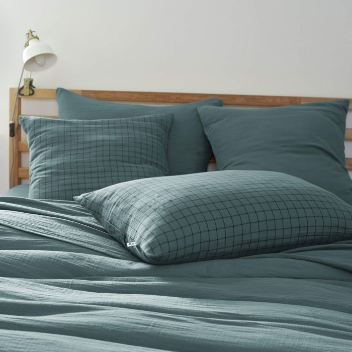 Taie d'oreiller à carreaux double gaze de coton bleu canard