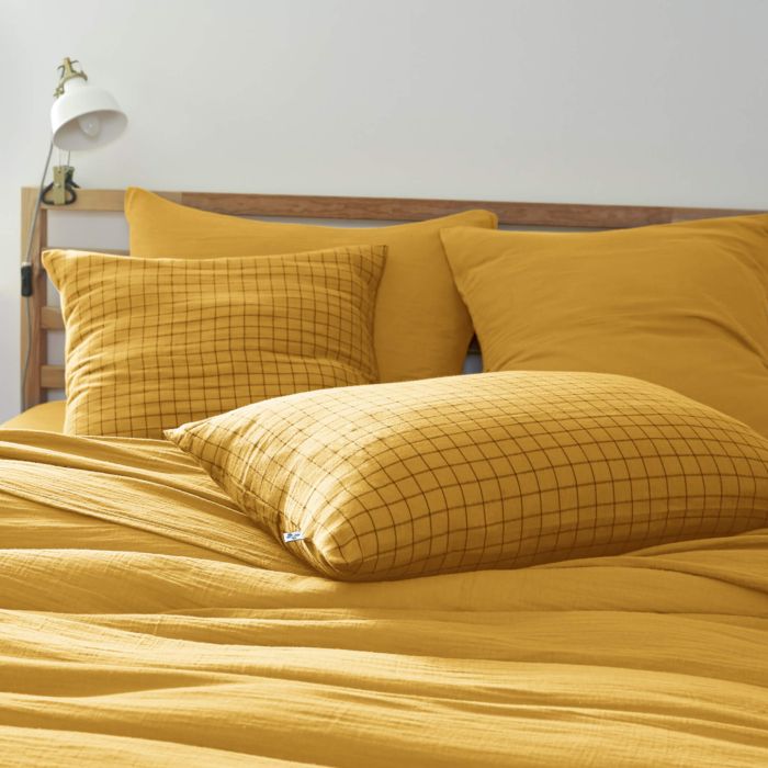 Taie d'oreiller à carreaux double gaze de coton jaune