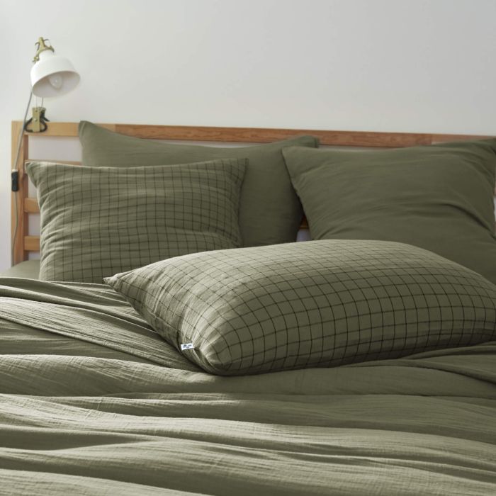 Taie d'oreiller à carreaux double gaze de coton kaki