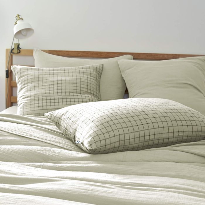 Taie d'oreiller à carreaux double gaze de coton vert d'eau