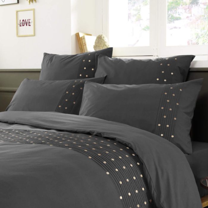 Lot de 2 taies d'oreiller brodées plis religieuses anthracite