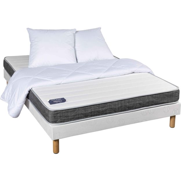 Ensemble matelas couchage latex Aisance + sommier + pieds + couette + oreillers 140x190 (fond blanc)