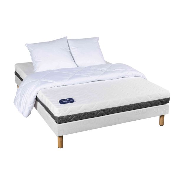 Ensemble matelas mousse Tranquillité + sommier + pieds + couette + oreillers