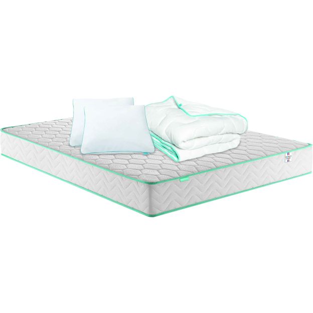 Matelas Merinos ressorts ensachés ENJOY + couette et oreillers (fond blanc)