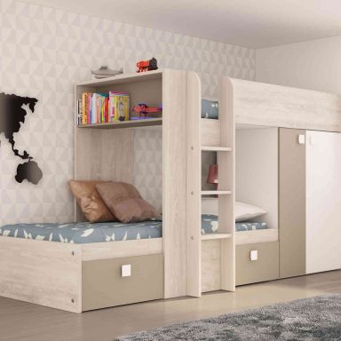 Lit superposé enfant en bois chêne grisé et argile - LT9012