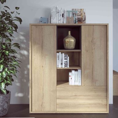 Bibliothèque 2 portes 2 tiroirs avec niches de rangement en bois imitation chêne - BI9035-1