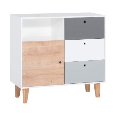 Commode 3 tiroirs 1 porte avec niche de rangement en bois avec pieds en chêne massif - CO17019