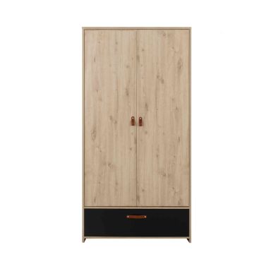 Armoire 2 portes 1 tiroir en bois imitation chêne clair et noir - AR5051-1 FOND BLANC