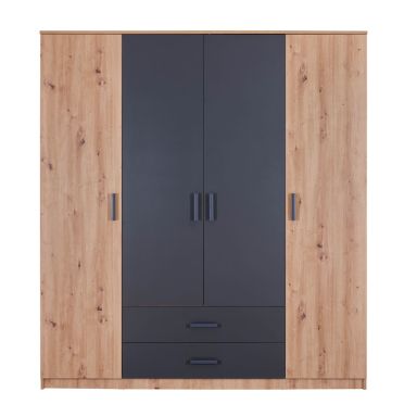 Armoire 4 portes 2 tiroirs en bois imitation chêne et anthracite - AR12126