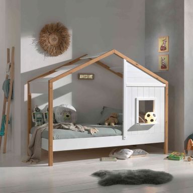 Lit cabane enfant en bois blanc et hêtre 90x200 cm - LT2052