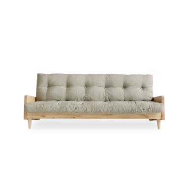 Canapé convertible en pin massif naturel matelas lin 130x190