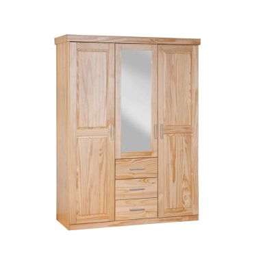 Armoire 3 portes 3 tiroirs en bois massif avec miroir - AR12045