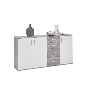 Commode 3 portes 4 tiroirs en bois imitation gris béton et blanc - CO13054