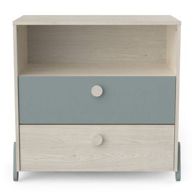 Commode enfant 2 tiroirs 1 niche en bois couleur chêne topanga et vert de gris - CO220