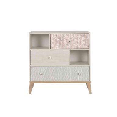 Commode enfant 3 tiroirs 2 niches en bois imitation chêne blanchi - CO5058 FOND BLANC