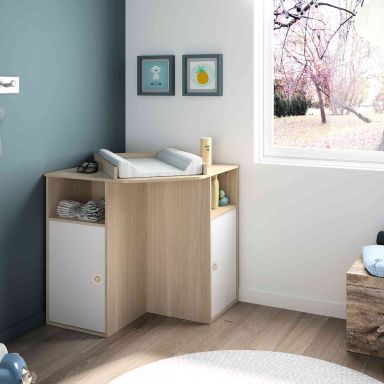 Commode à langer 2 portes en bois blanc et naturel - CO5034