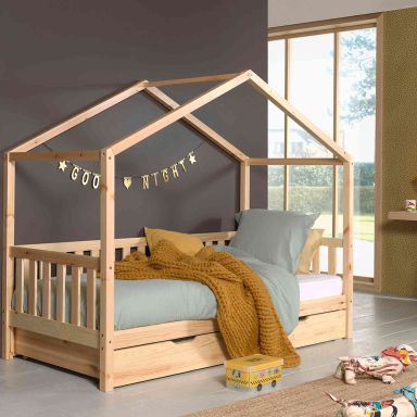 Lit cabane enfant à barreaux en bois massif 90x200 avec tiroir de lit - LT2025