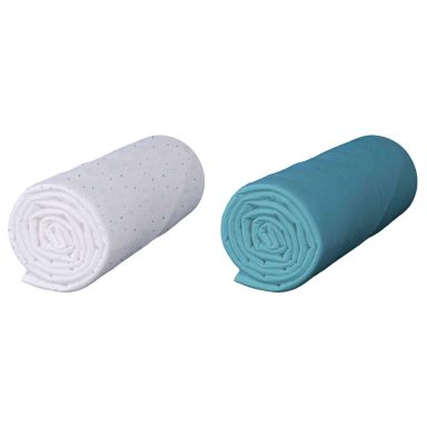 Lot de 2 draps housses bébé en jersey bio imprimés étoiles et cœurs turquoise