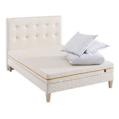 Ensemble matelas mousse recyclée, sommier, pieds, tête de lit, couette et oreiller Aube 400 - SOMEO