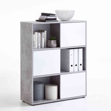 Bibliothèque 3 portes 3 cases en bois béton et blanc - BI13012