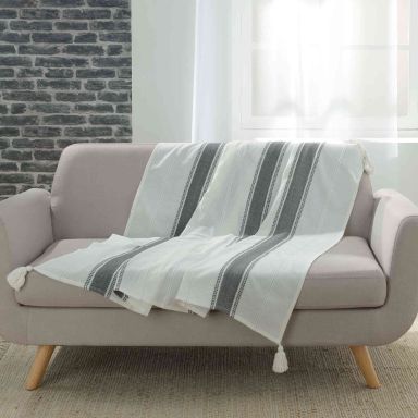 Plaid à pompons coton tissé Indira anthracite 125x150 cm