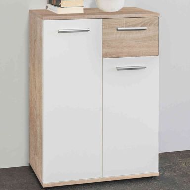 Commode 2 portes 1 tiroir en bois imitation chêne clair et blanc - CO7104