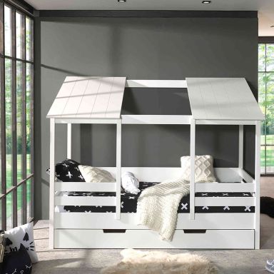 Lit cabane enfant avec toit en bois blanc 90x200 + tiroir de lit