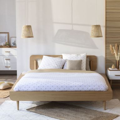Ensemble lit + tête de lit SMOOTHCLOUD en bois naturel et blanc