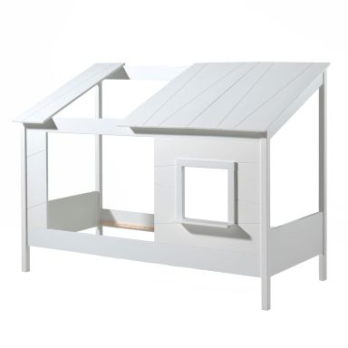 Lit cabane enfant avec toit et fenêtre en bois blanc 90x200