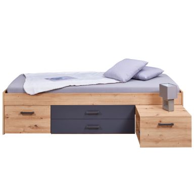 Lit multi-rangements 90x200 avec table de chevet intégrée en bois chêne et anthracite - LT12127