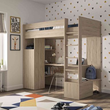Lit mezzanine enfant en bois imitation chêne clair - LT5013