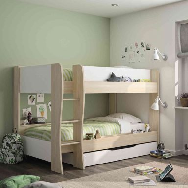 Lit superposé en bois imitation chêne clair et blanc 90x200 avec tiroir de lit - LT5027