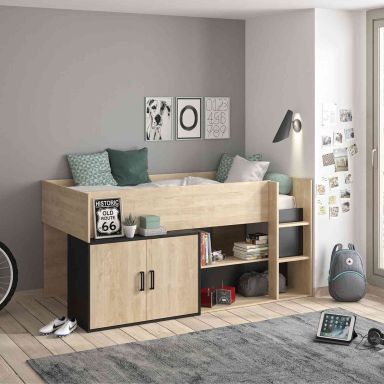 Lit enfant mezzanine en bois imitation chêne blond et noir 90x200 - LT5056