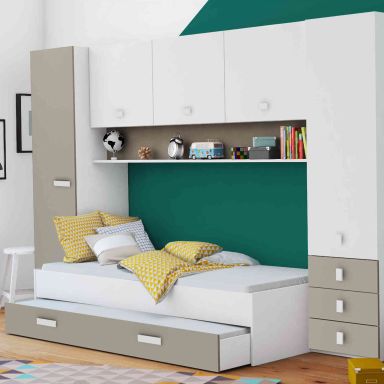 Lit tiroir enfant 90x200 + environnement de lit blanc et argile - LT168