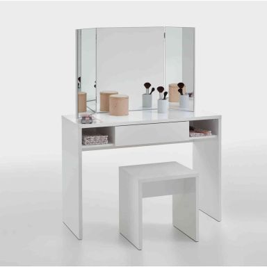 Coiffeuse avec miroir et rangements + tabouret en bois blanc - CF13022-1