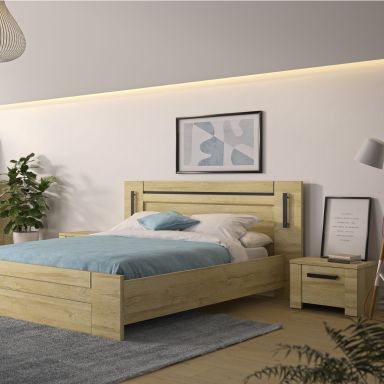 Lit led sensitive avec 2 chevets en bois clair - LT5082